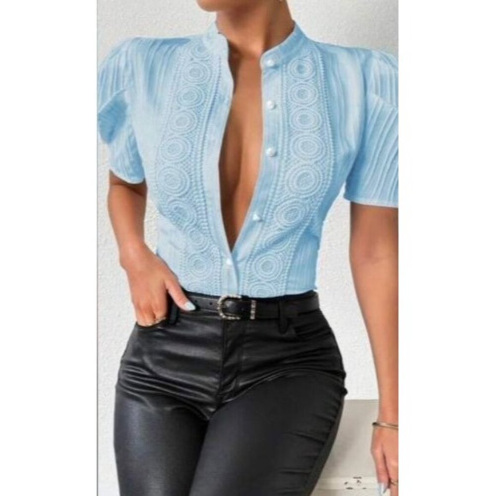 Beautiful Lace Patchwork Button Front Short Sleeve Shirt